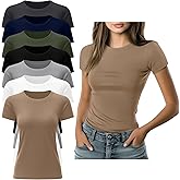 Xaatren 7 Pack Women's Fitted Basic T-Shirts Bulk Crewneck Tight Short Sleeve Tee Multipack Slim Summer Casual Tops