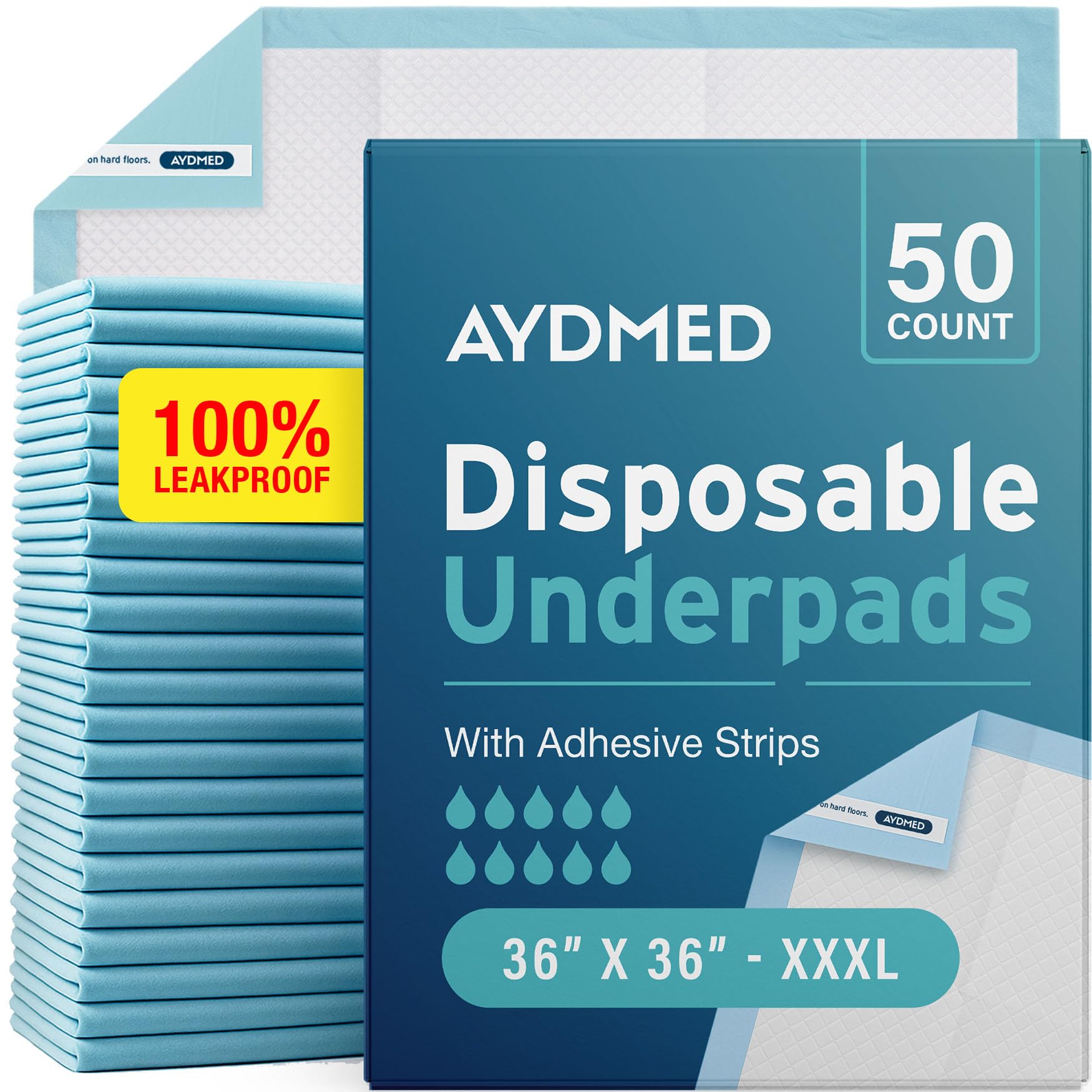 Photo 1 of 50 x AYDMED Incontinence Underpads 36" x 36" with Adhesive Strips | XXXL Bed Pads Disposable Adult | Max Absorbency Chux Pads for Adults, Children & Babies | Incontinence Bed Pads & Pee Pads