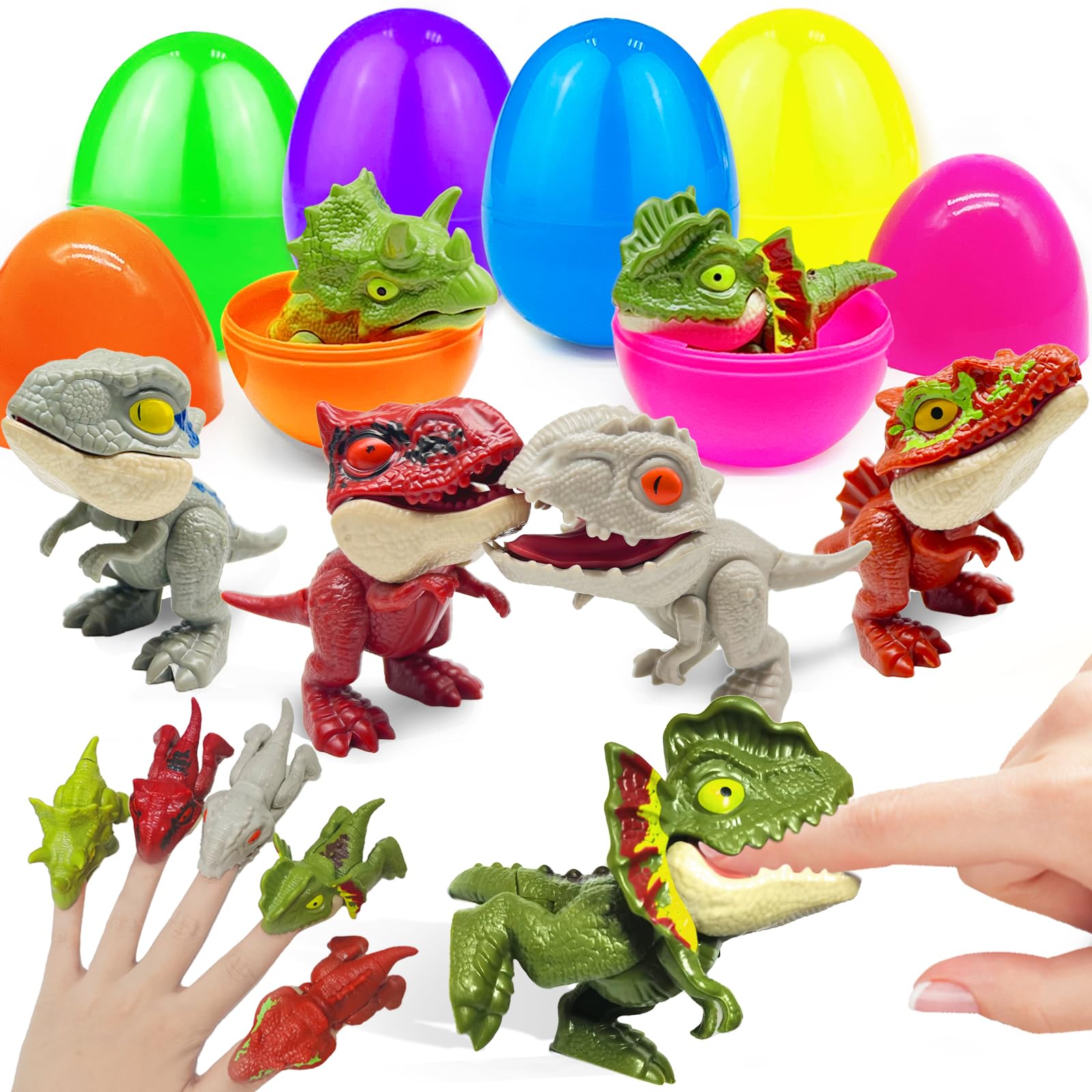 6 Pack Jumbo 3.5" Easter Eggs Filled with Biting Finger Dinosaurs Toys Inside, Fun Finger Puppets Set for Kids Toddlers Easter Basket Stuffers Fillers Plastic Surprise Eggs Hunt Easter Party Favors
