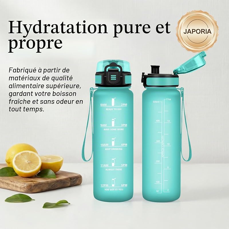 Gourde 500ml, Bouteille Motivation avec Filtre, Bouteille d'eau Anti Fuite, Réutilisable, pour l'École, Bureau, Extérieur, Fitness