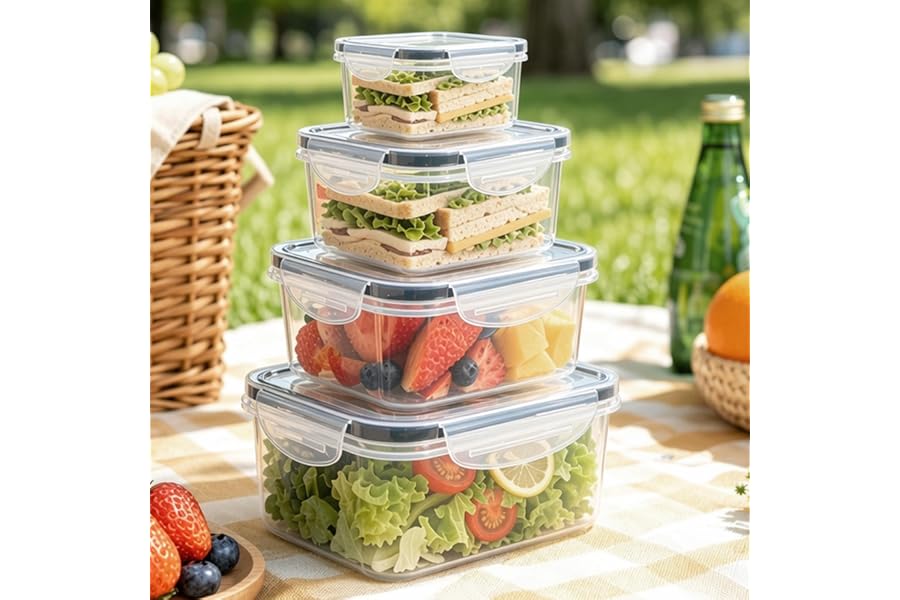 4 Packs Food Storage Containers Set with Lids, Round Kitchen Storage Containers for Pantry Refrigerator, Large