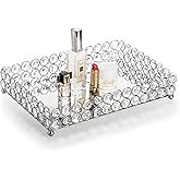 Feyarl Crystal Vanity Makeup Perfume Tray Ornate Jewelry Trinket Organizer Cosmetic Decorative Tray Skin Care Storage for Home Dressing Table Wedding Decoration(Rectangle 12" x 8") (Silver)