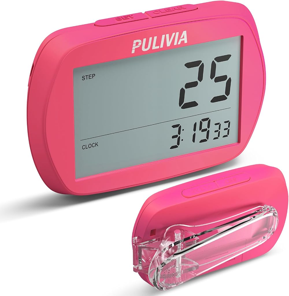 PULIVIA Pedometer 3D Step Counter with Clock Clip Lanyard Red
