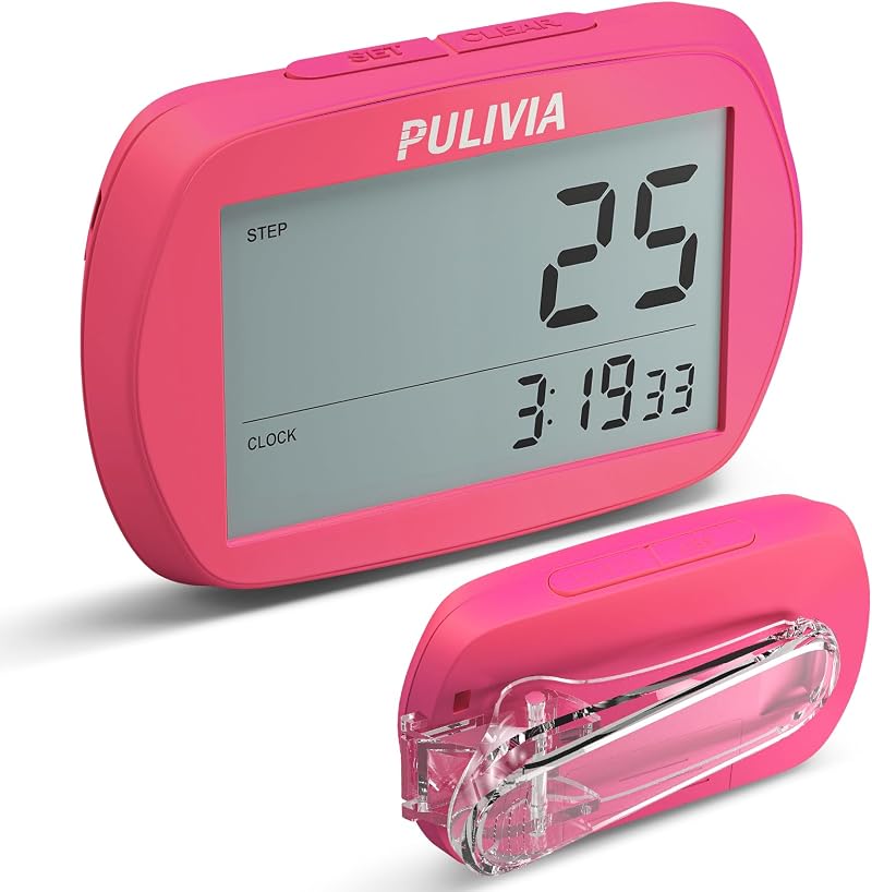 PULIVIA Pedometer 3D Step Counter with Clock Clip Lanyard Red