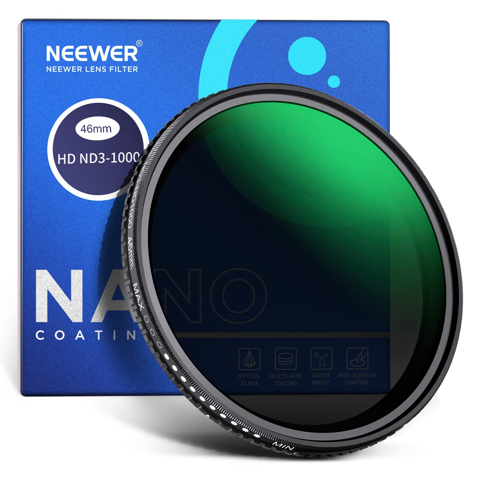NEEWER 46mm Variable ND Filter ND3-ND1000, 1.5-10 Limited Stops Neutral Density Filter with HD Optical Glass & Double Sided 30 Layer Nano Coatings, Water Repellent/Scratch Resistant/Aluminum Frame