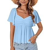 LYANER Women's Sweetheart Neck Ruched Ruffle Short Sleeve Peplum Weekend Blouse Top