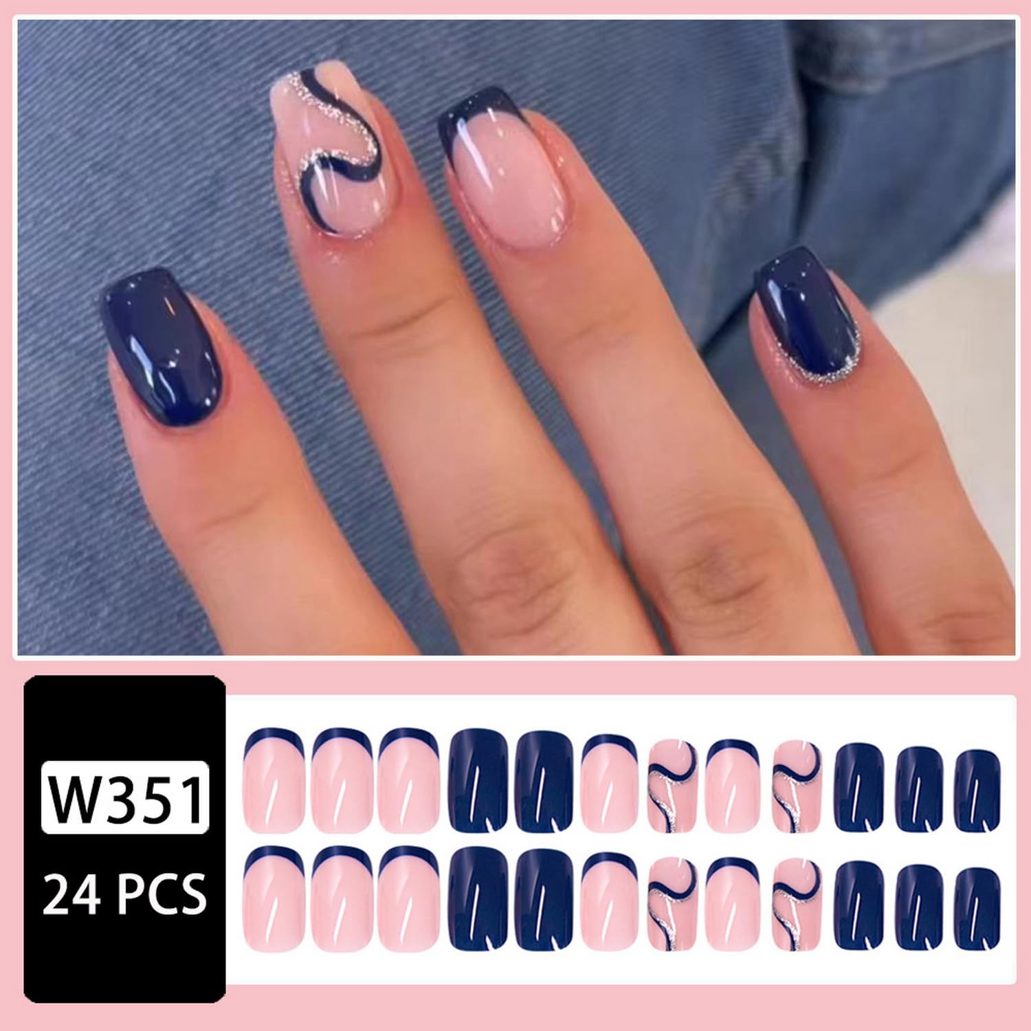 Dark Blue Press on Nails Short Fake Nails with Shiny Curve Designs French Tip Artificial Nails Simplicity Reusable Acrylic Nails False Nails Glossy Glue on Nails for Women Girls - Image 2