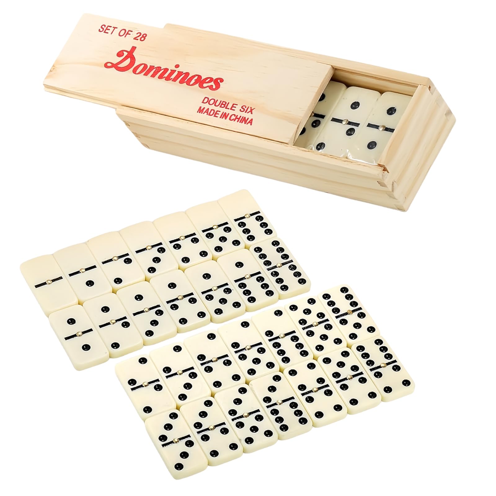 POPOYU D6 Domino Set with Wooden Box,28 Pieces Dominoes Set with Sliding Lid,Classic Retro Domino Game|Mexican Train|Traditional Games|Intelligence Games,Ideal for Kids,Adults,Family,Travel