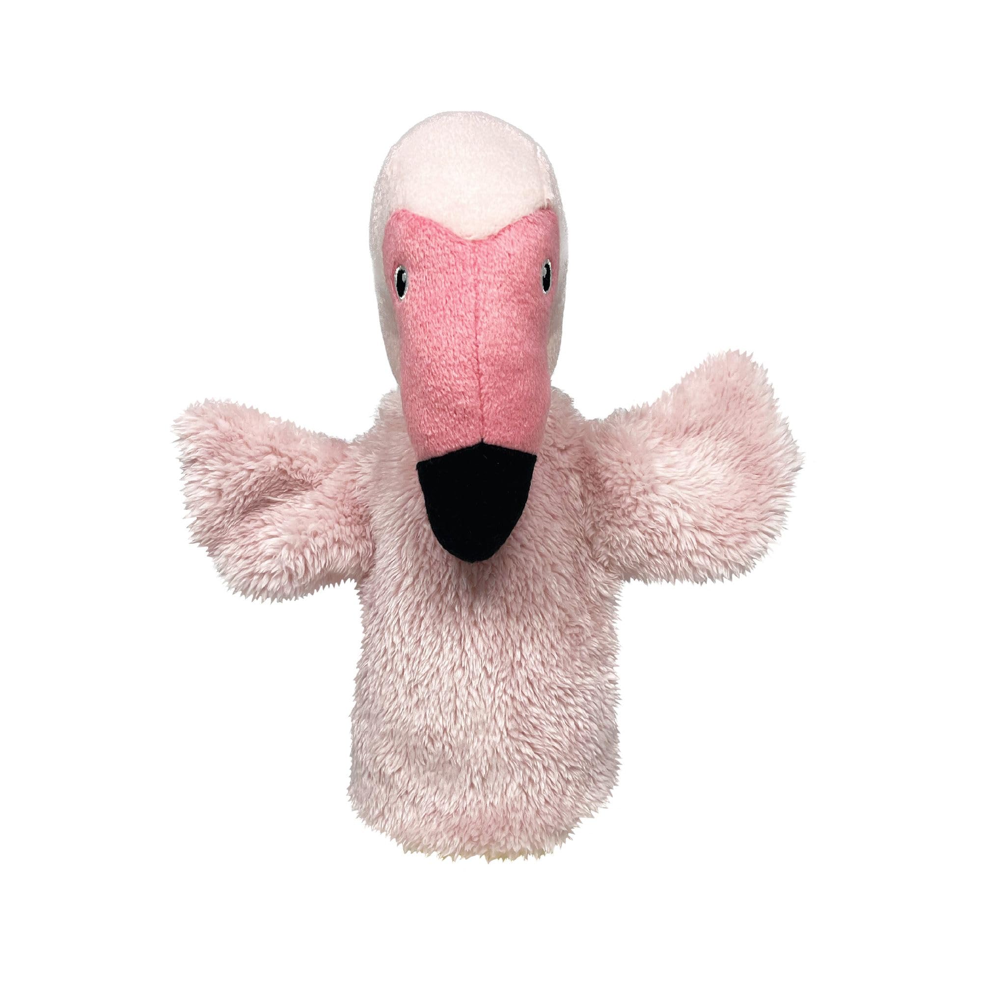 EcoBuddiez Hand Puppet - Flamingo from Deluxebase. Plush Puppets made from Recycled Plastic Bottles. Eco-Friendly Animal Toy for Pretend Play, Kids Gifts and Party Favours.
