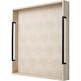 Sagala Extra Large 20" Square Ivory Shagreen Leather Ottoman Tray with Black Handles for Coffee Table, Versatile Decorative Serving Tray for Living Room(Ivory-Black, Square 20")