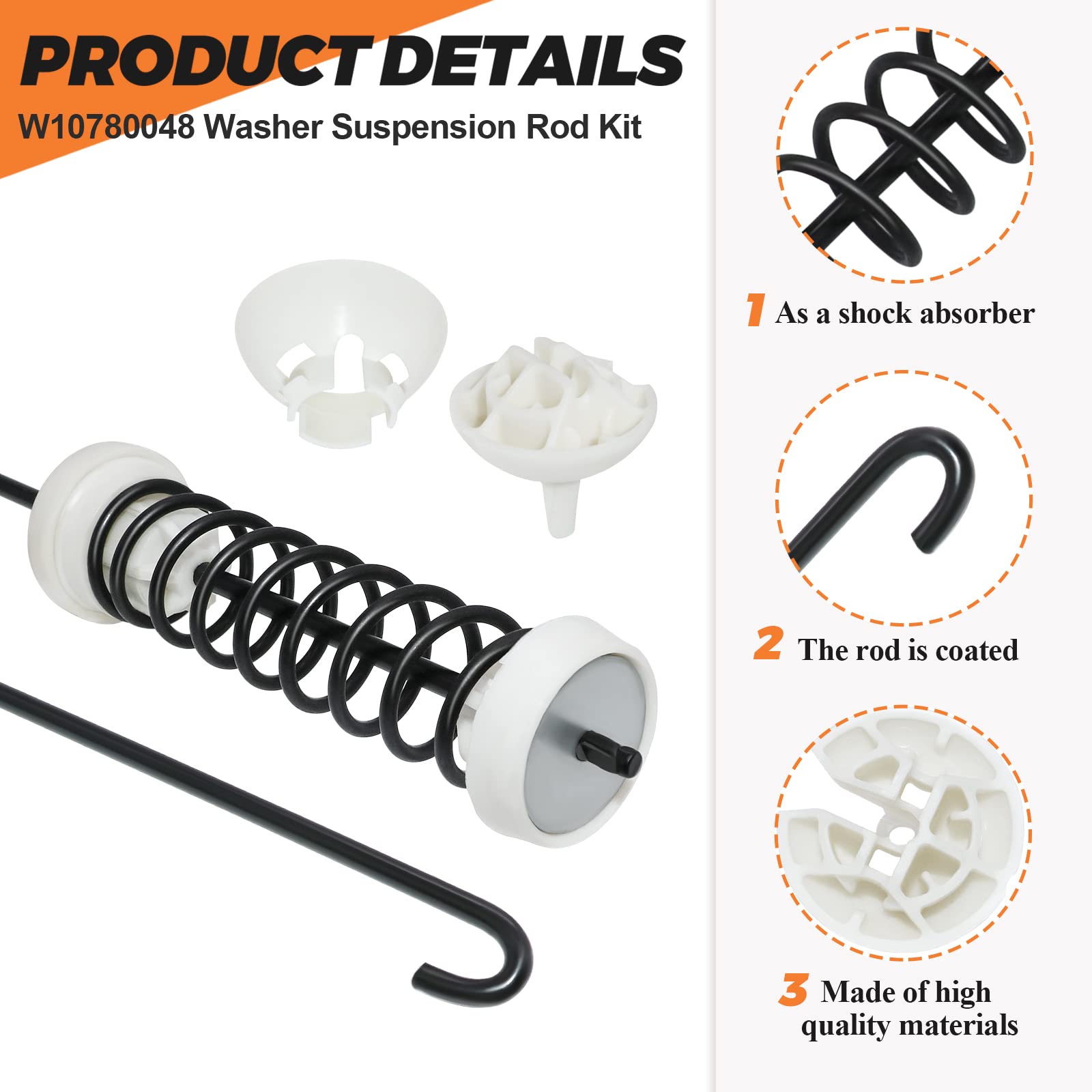 【2025 UPGRADED】W10780048 WTW4800XQ4 WTW4800XQ1 RTW4640YQ1 ATW4675YQ1 Washer Suspension Rod Kit(4 packs) by Beaquicy - Replacement for Whirlpool Ken-more Admiral May-tag Washing Machine