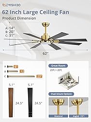 ZMISHIBO 62 Inch Black and Gold Ceiling Fans with