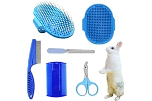 6Pcs Grooming Kit with Brush, Hair Remover, Shampoo Brush, Double-Sided Comb, Nail Clipper and Trimmer for Rabbits, Hamsters,