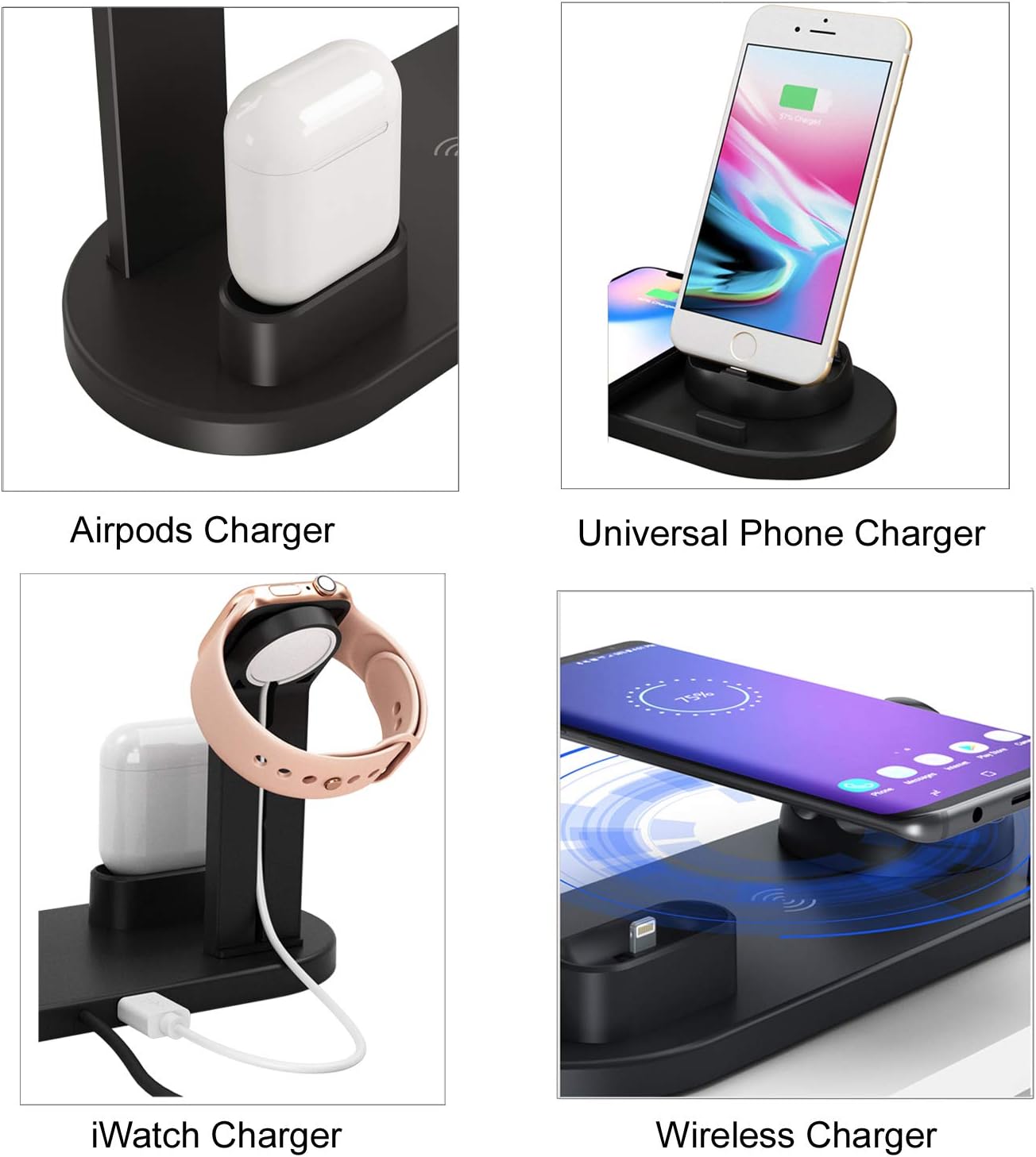 [Newest 2020] Wireless Charger 4 in 1 Charging Station - Upgraded Fast Wireless Charging Stand Compatible with Phone XI/XI pro/X/XS/XR/Xs Max/8/8 Plus, Smart Watches, Pods and Android Devices (Black)