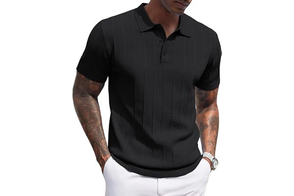 COOFANDY Mens Knit Polo Shirts Casual Short Sleeve Shirt Ribbed Textured Polos Fashion Golf Shirts Collared T Shirt