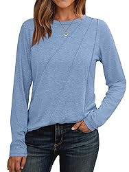 AUTOMET Womens Long Sleeve Shirts Pleated Crew Neck