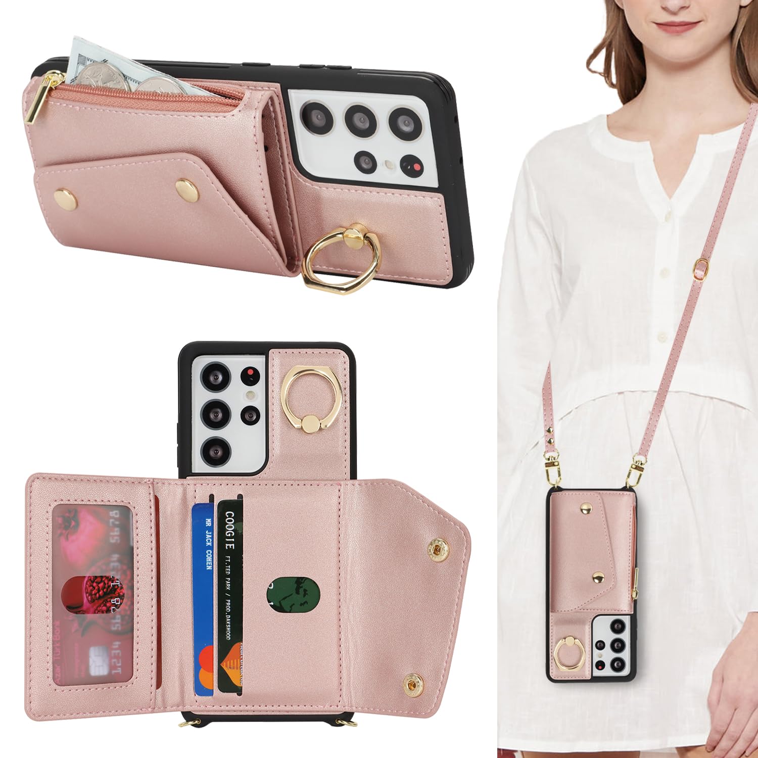 Lipvina for Samsung Galaxy S21 Ultra Case with Card Holder and Strap - Zipper Pocket,Crossbody Lanyard Strap,Credit Card Holder,Stand Ring,Cute Phone Wallet Case for Women(Rose Gold,6.8 Inch)