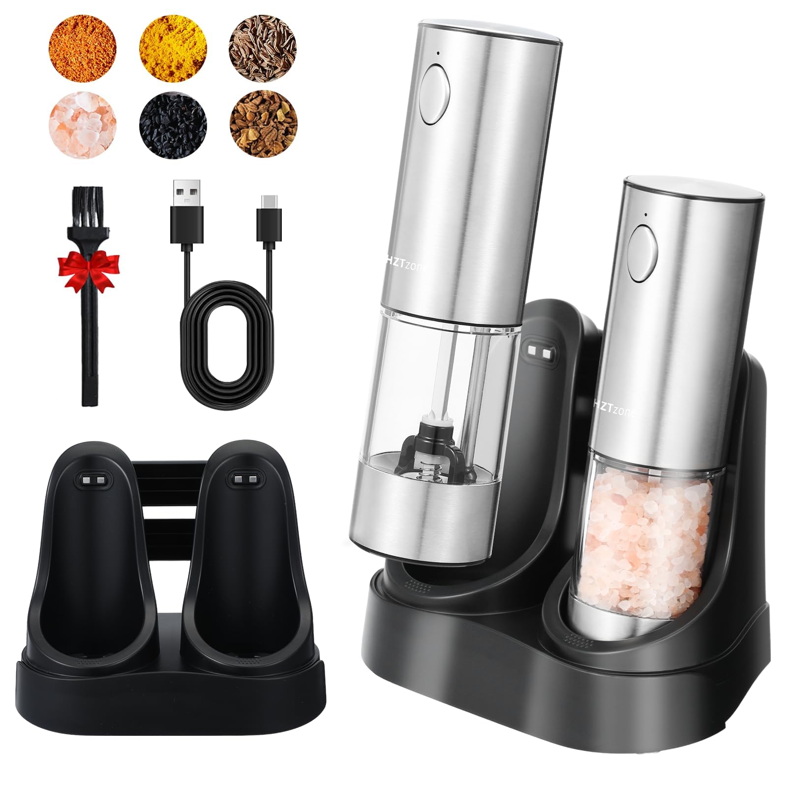 Photo 1 of Electric Salt and Pepper Grinder Set with Charging Base, Stainless Steel Rechargeable Pepper Mills with 95ml Large Capacity, White LED Light and Adjustable Coarseness Grinder Ideal for Home, Kitchen