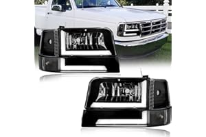 Fullux LED DRL Headlights Compatible with 1992-1996 Ford F150 F250 F350 & Bronco Replacements Headlamp Clear Reflector Black Housing