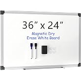VUSIGN 36" x 24" Magnetic Whiteboard for Wall, Dry Erase Board with Silver Aluminum Frame, Hanging White Board for Office, Home, Classroom &ndash; Includes 1 Eraser, 2 Multicolor Markers &amp; 4 Magnets