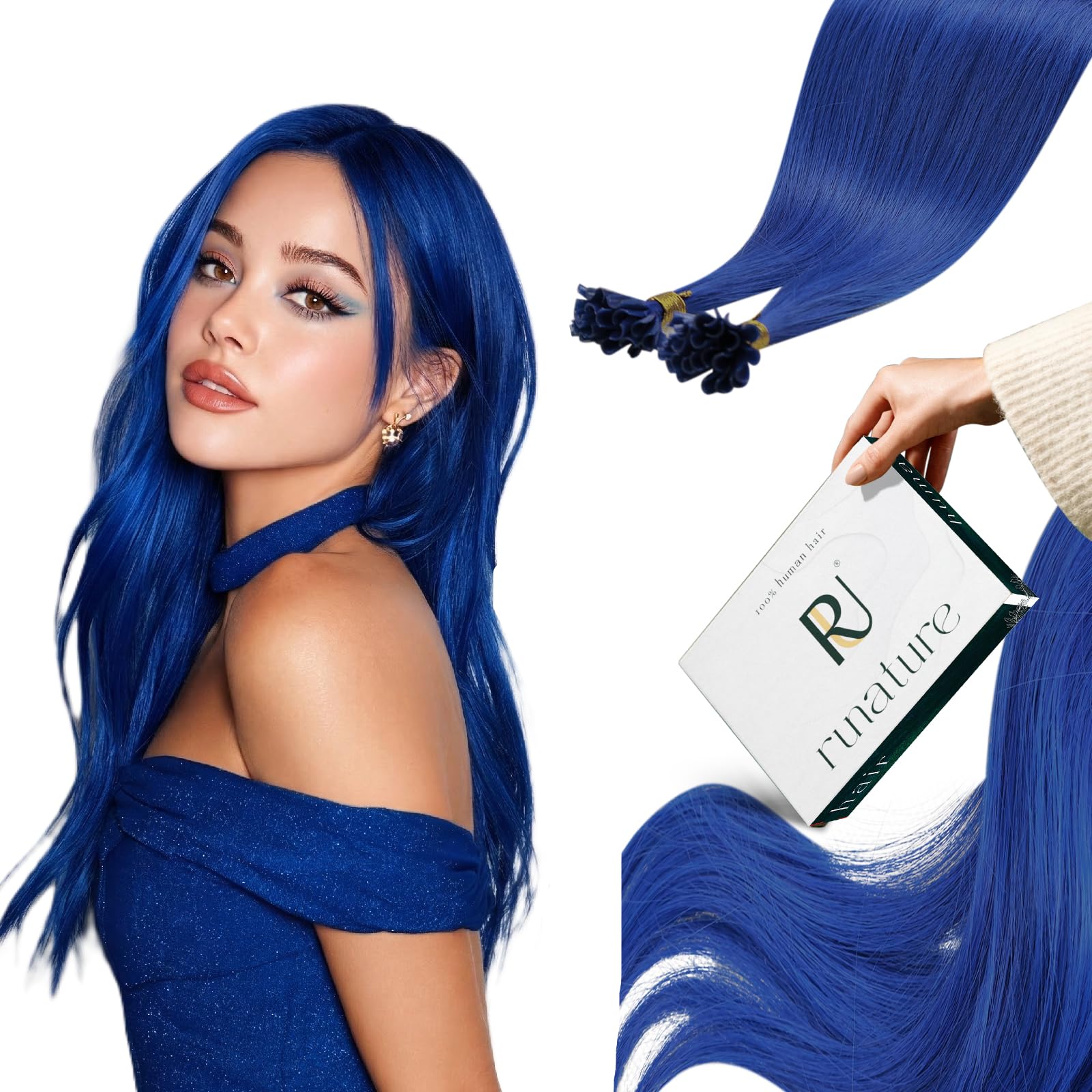 RUNATURE U Tip Blue Hair Extensions Real Human Hair Keratin UTip Blue Hair Extensions Human Hair 14 Inch 20g