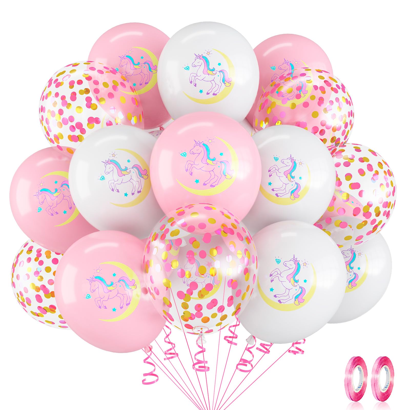 Pastel Pink & White Unicorn Balloons - 12 Inch Helium Latex with Confetti for Princess Unicorn Birthday or Baby Shower Party Decorations