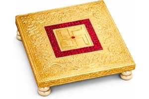 Garden Of Arts® Gold Colour Pooja Chowki for Mandir | Decorative Puja Stand with Swastik Design & Pearl Legs | Chowki for God