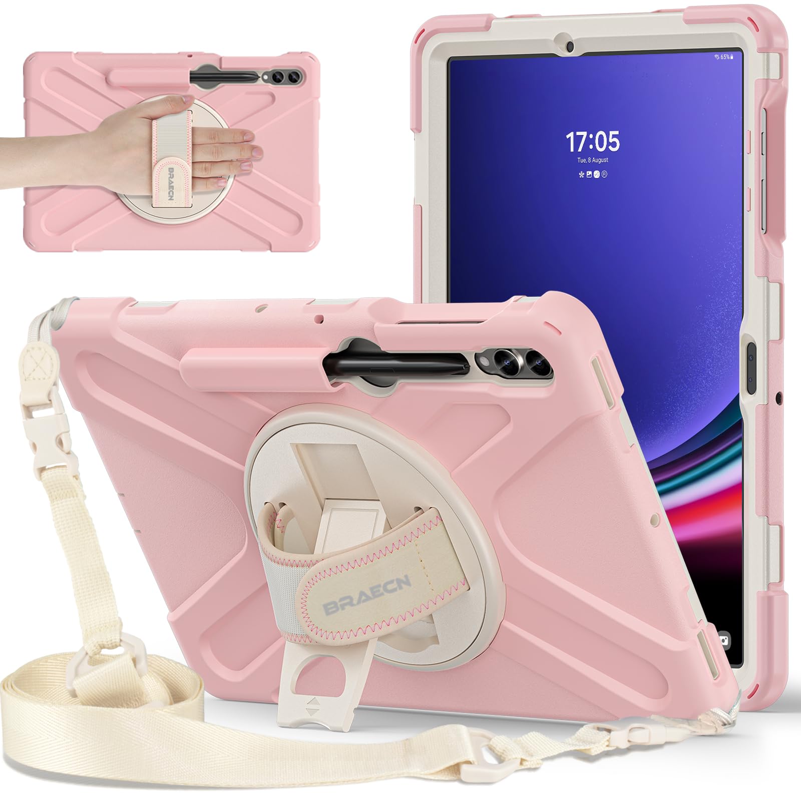 Photo 1 of BRAECNstock for Samsung Galaxy Tab S10+ Plus/ S9 FE+ Plus/ S9+ Plus/ S8+ Plus/ S7 FE/ S7+ Plus 5G Case 12.4" Shockproof Protective Kids Cover with Rotating Hand Strap & Stand Pen Holder - Sakura Pink