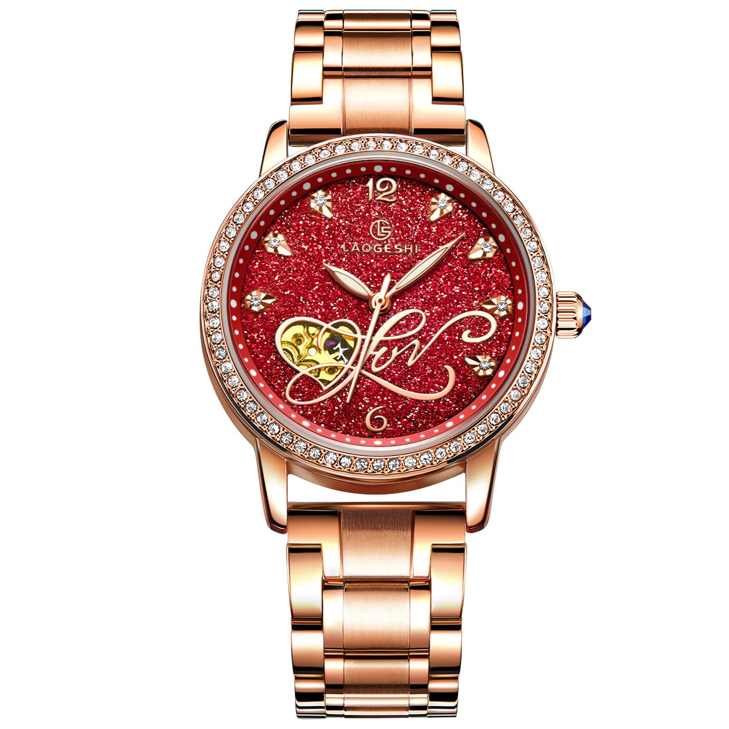 RORIOS Women Automatic Mechanical Watch Shining Starry Sky Luminous Simulated Diamond Dial Stainless Steel Strap Ladies Wristwatches