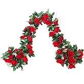 SWSTINLING 2 Pack (16FT) Artificial Rose Vine Flowers Plants Fake Flower Vine for Wedding Home Garden Craft Art Decor Valentine's Day Mother's Day Party Decoration Red