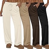 Sweetyweee 4 Pack Women's Wide Leg Yoga Pants Drawstring Casual Lounge Pants Comfy Loose Cozy Sweatpants with Pockets(Black, Brown, Khaki, Cream,X-Large)