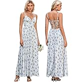 VKIHOC Summer Floral Maxi Dress Boho Spaghetti Strap Lace Up V Neck Flowy A Line Beach Vacation Long Dresses for Women