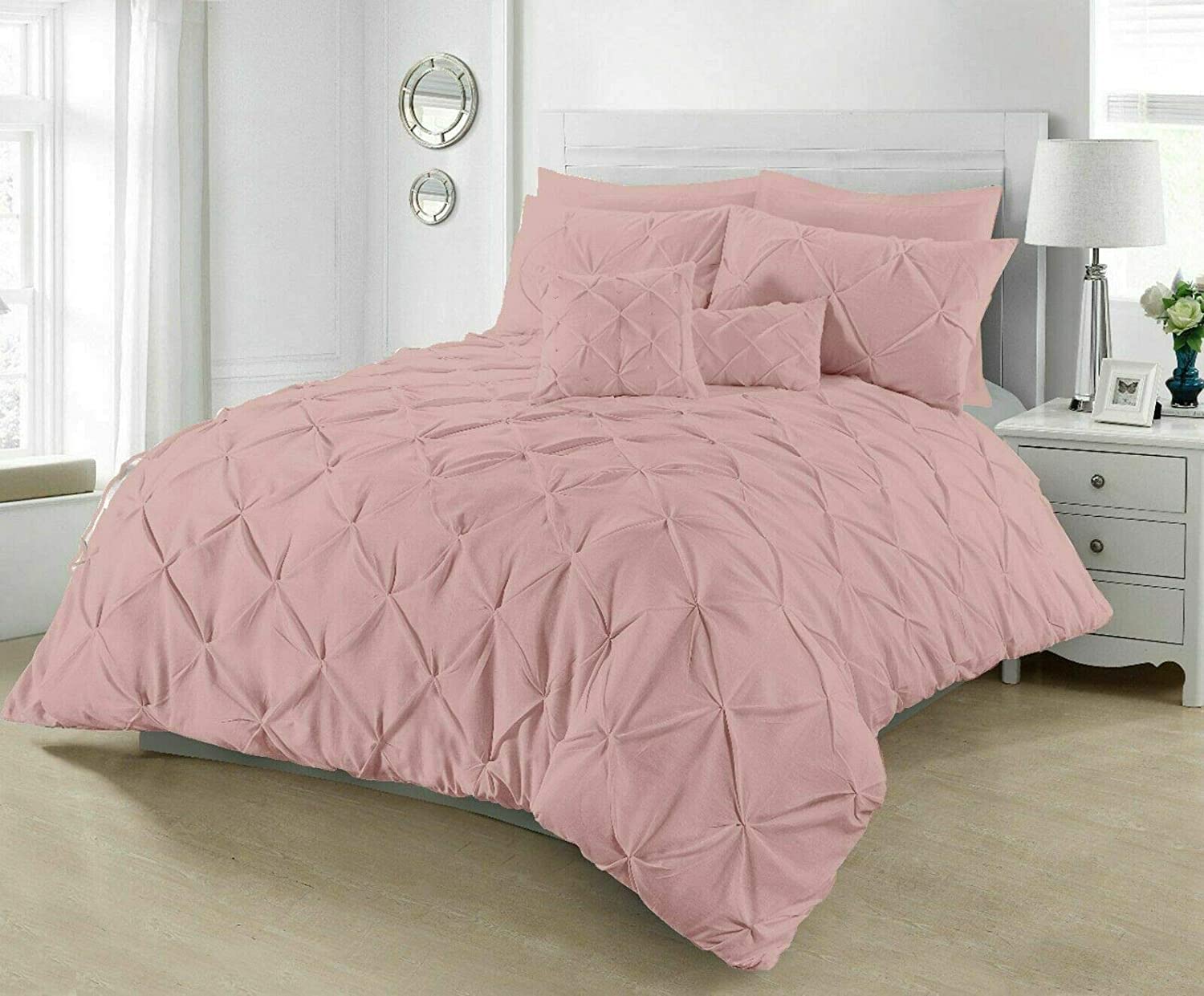 SeventhStitch Pintuck Duvet Cover with Pillowcases Luxury 100% Percale Cotton Quilt Bedding Covers Single Double King Super King Size Bed Sets (Single, Soft Pink)