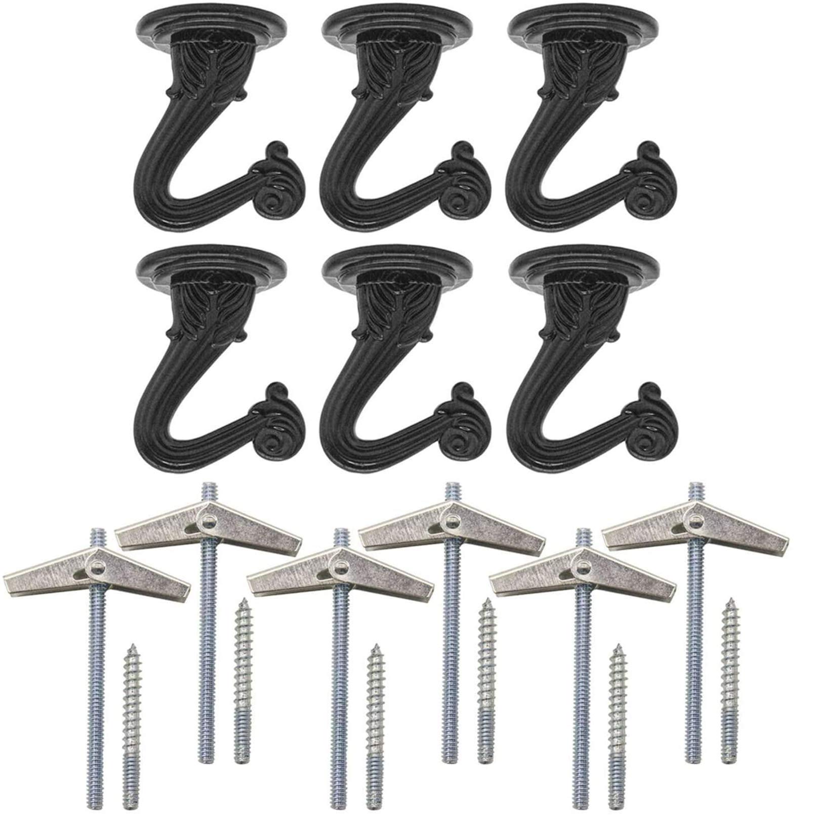 Deloky 6 Sets Brass Ceiling Hook -Metal Heavy Duty Swag Ceiling Hooks with Hardware and Toggle Wings for Hanging Plants, Chandeliers Ceiling Installation Cavity Wall Fixing (Black)