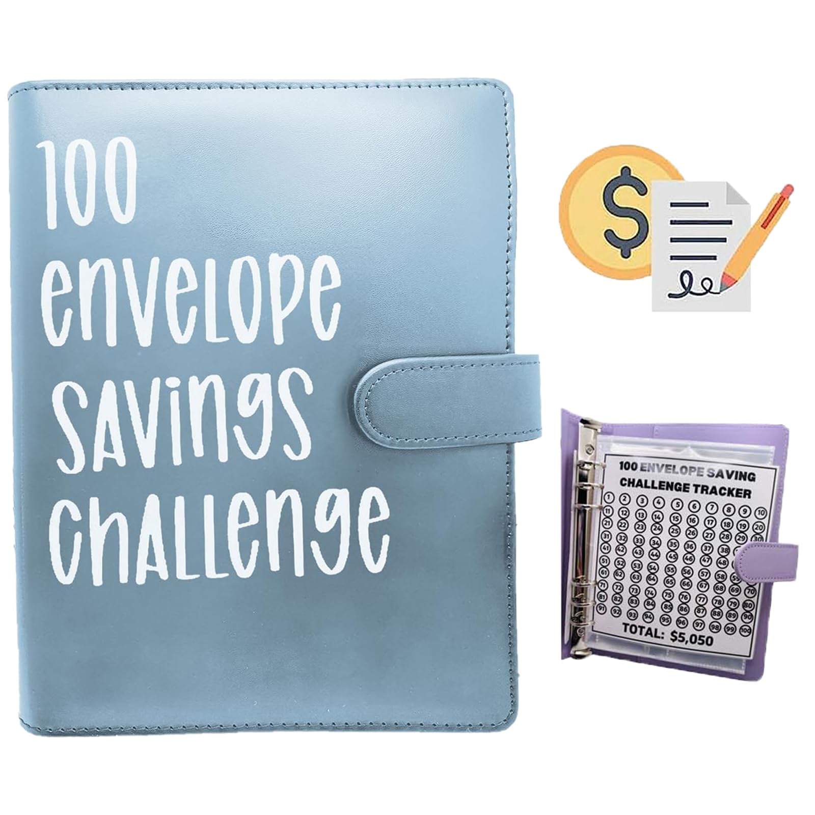 Photo 1 of 100 Envelope Challenge Binder, Savings Challenges Sheets?Easy and Fun Way to Save $5,050, Budget Binder with Cash Envelopes, Savings Challenges Binder, Budget Planner Book Budgeting (Mint Blue)