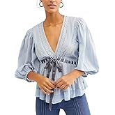 Women Lace Tie Front Ruffle Boho Top Flowy Puff Sleeve Sheer V Neck Floral Embroidery Chiffon Blouse Mesh Layered Top