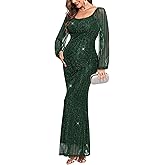 AISWI Sparkly Mesh Maternity Dress Long Sleeve Square Neck Baby Shower Pregnancy Dresses for Photoshoot Semi Formal
