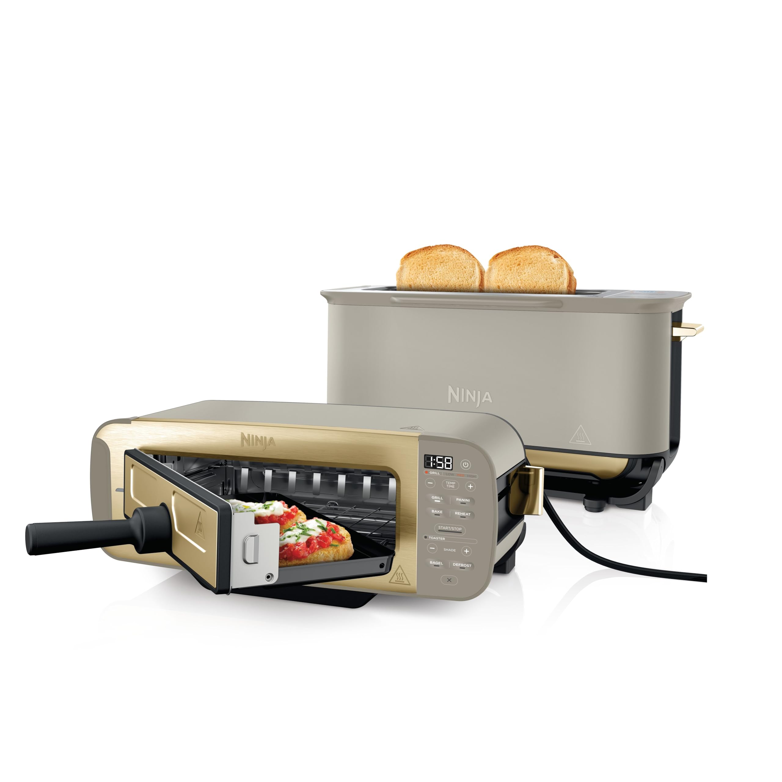 Ninja Foodi 3-in-1 Toaster, Elektrogrill mit Deckel, Panini-Presse mit Flip-Design, 7 Kochfunktionen, 7 Toastlinien, Backblech und Krümelschale, Stone Gold, ST202EUSTGD