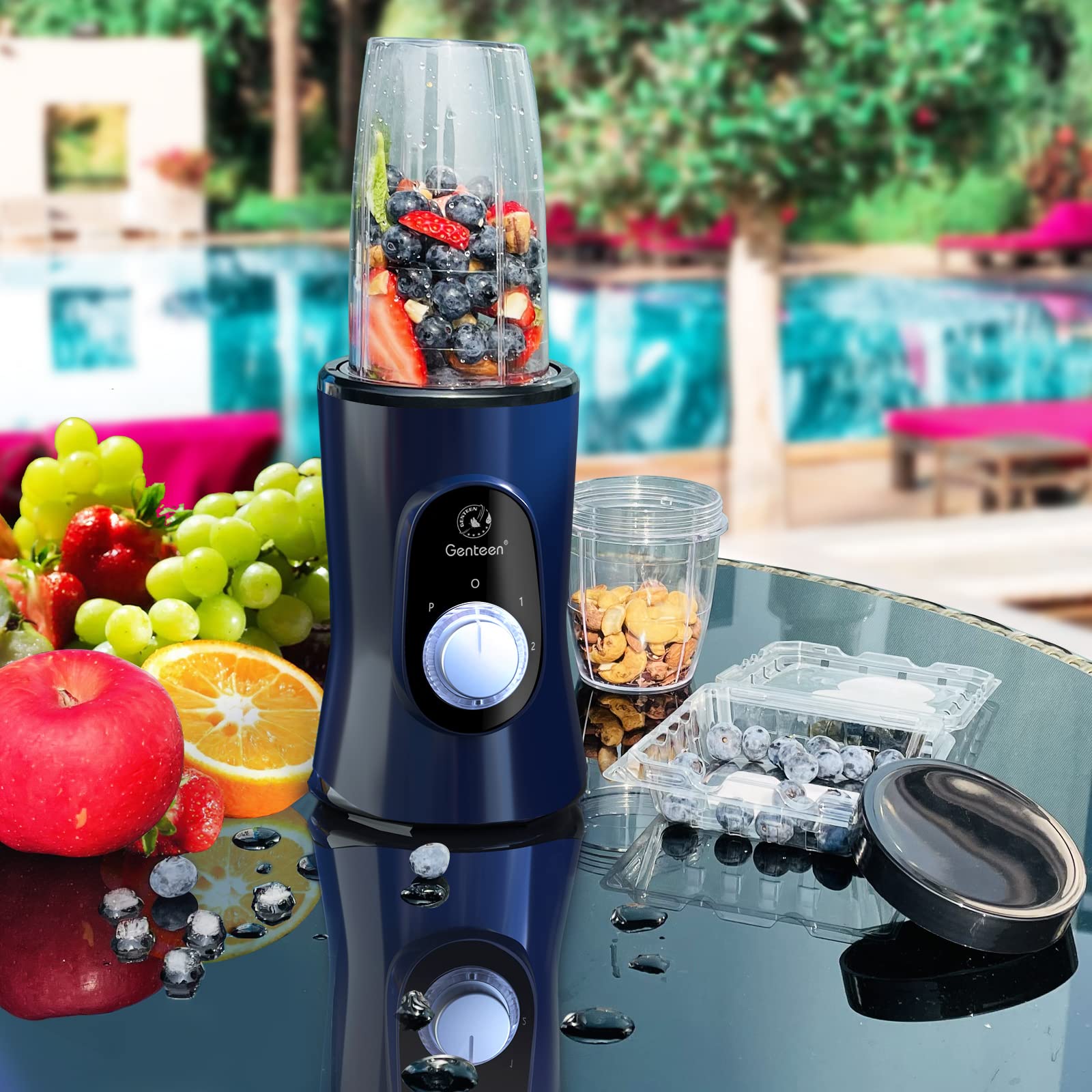 Genteen Smoothie Blender,650W Blender for Shakes and Smoothies with 3 Speeds,8-Piece Personal Blender and Smoothies Maker with 2 BPA-Free Portable Blender Cup (Blue)