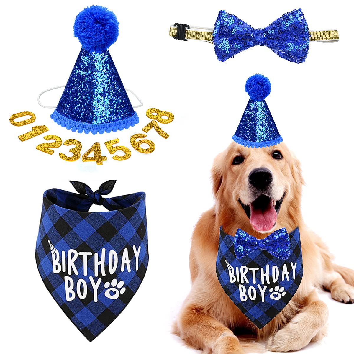 Dog Birthday Hat and Bandana Set, Reusable Dog Party Hat with Bow Tie Collar and Gold Number for Pet Cat Birthday Party Decorations (Blue)