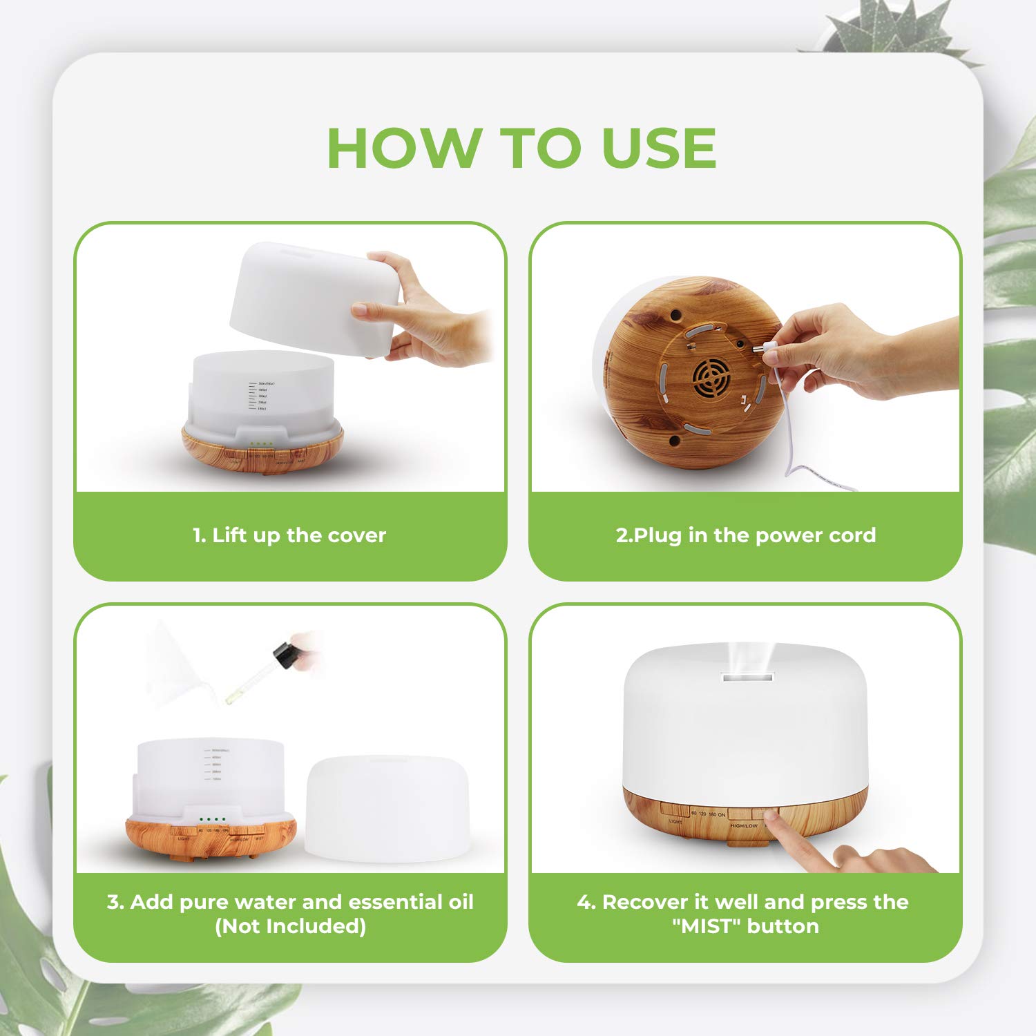 UOKIER Essential Oil Diffuser, 500ml Diffusers with Remote Control, BPA-Free Ultrasonic Aromatherapy Diffuser Humidifier with Adjustable Mist Mode, Mood Light, Timer Setting & Waterless Auto-Off : Beauty