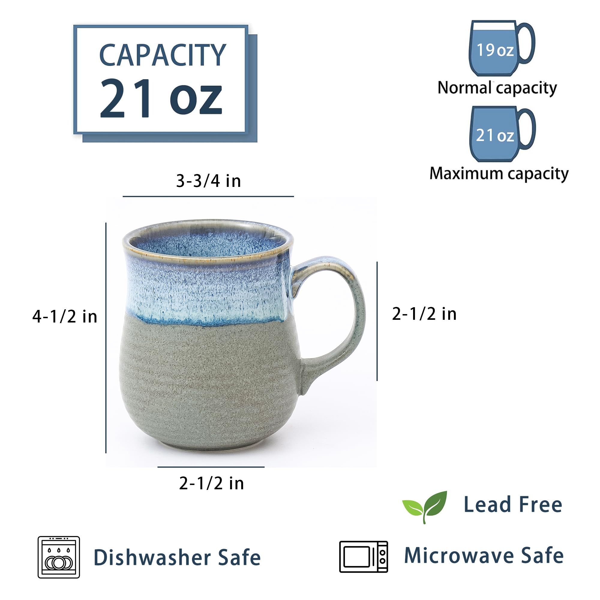 21 oz Large Ceramic Coffee Mugs, Pottery Mug Handmade, Ceramic Tea Cups with Handle for Office and Home, Dishwasher and Microwave Safe (Blue Grey)