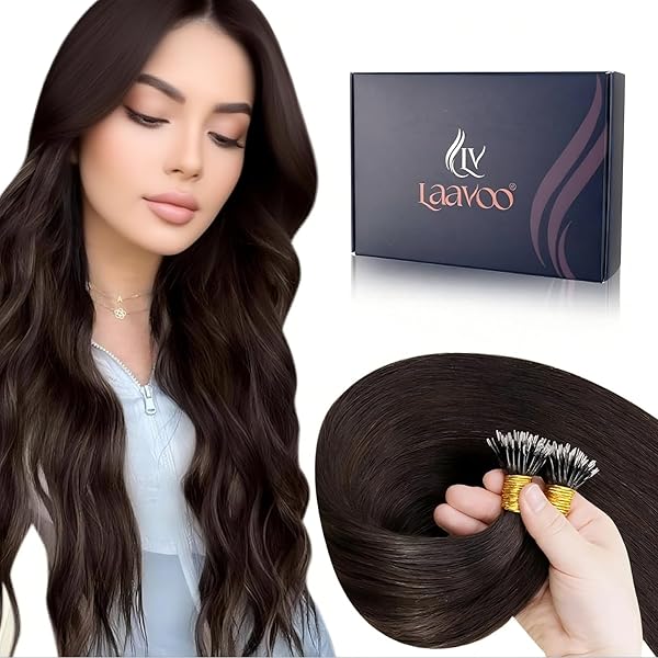 LaaVoo Haarverlängerung Echthaar Nanoring Braun Nano Beads Echthaar 50 cm Nano Extensions Echthaar Dunkelbraun Glatt Cold Fusion 50g #2