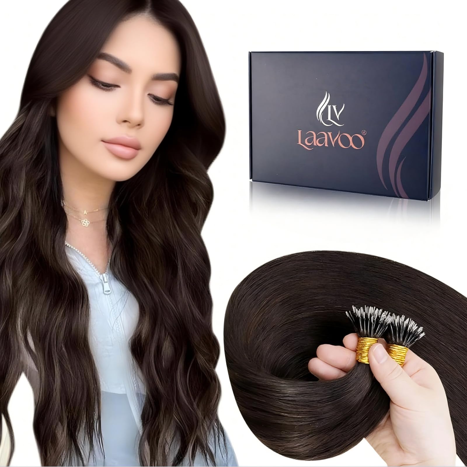LaaVoo Nano Hair Extensions Real Human Hair Darkest Brown Nano Beads Hair Extensions 24 Inch Invisible Nano Ring Straight Remy Hair 50g 50s #2