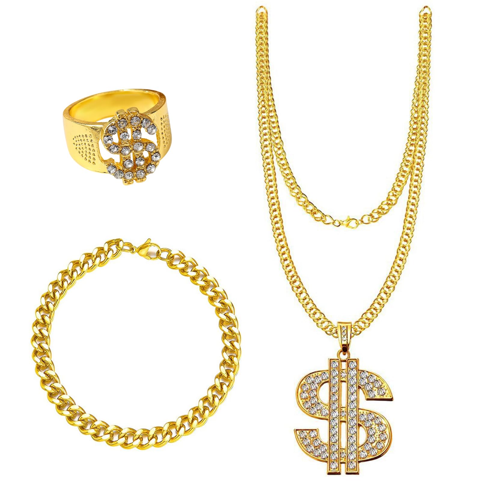 Xumann 3pcs Gold Chain Fancy Dress for Rapper,Hip Hop Costume for Rapper Women Men,Dollar Sign Necklace Accessories