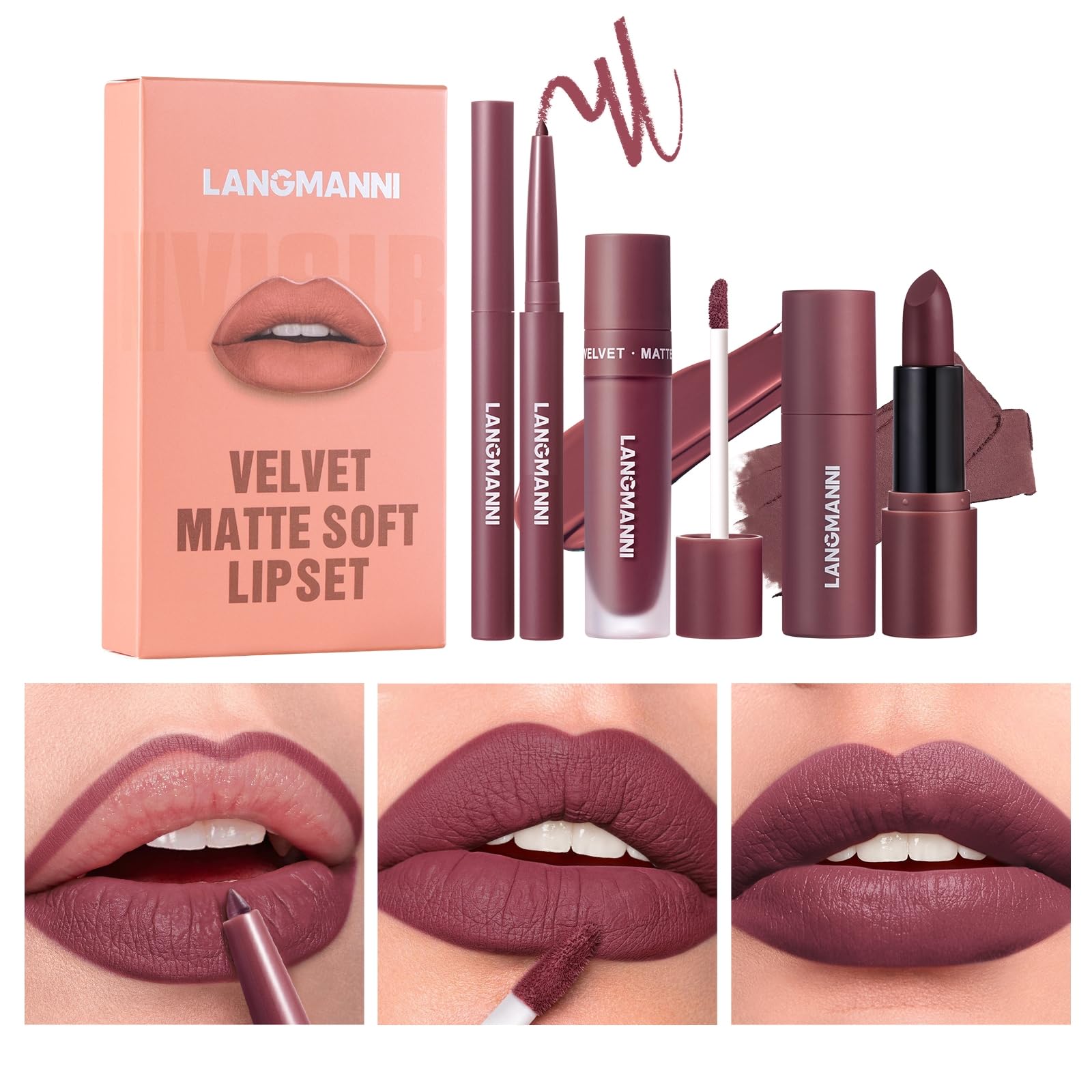 3PCS Matte Liquid Lipstick Lip Gloss & Liner Set - All-IN-One Lip Kit, Velvety Nude Color, Waterproof Make Up Set (# 06)