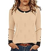 AKEWEI Womens Sweaters Long Sleeve Crew Neck Lightweight Knit Pullover Tops with Decorative Buttons
