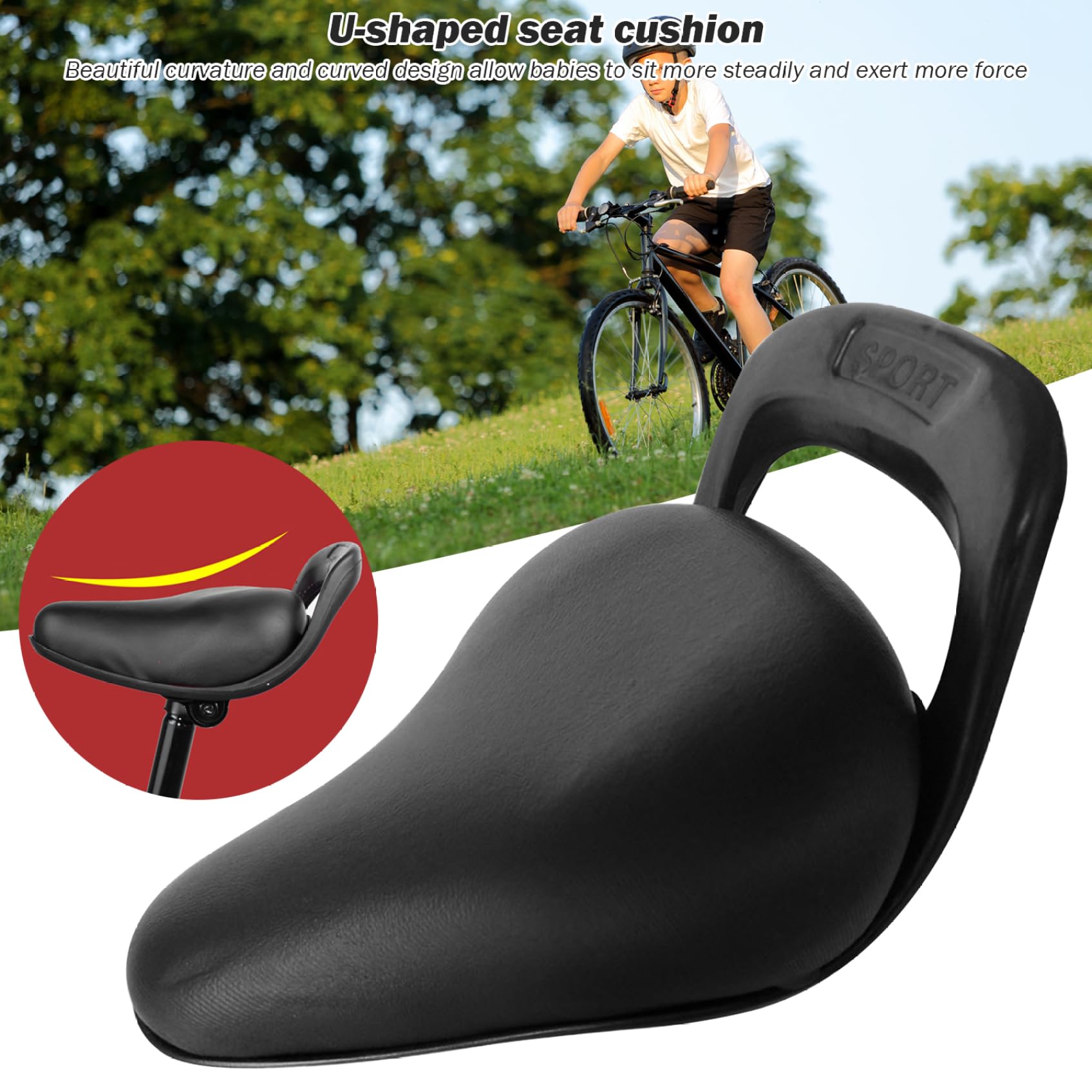 Bike Seat for Kids Waterproof Child Bike Seat Bike Saddle Handled PU Child Bicycle Seat Curved Replacement Kids Bike Seat Easy to Remove 7.9x5.3in