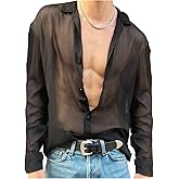 SHENHE Men's Mesh Sheer Long Sleeve Button Down Shirt See Through Party Rave Disco Shirt Top
