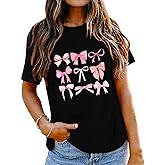 Womens Bow Shirt:Trendy Pink Bow Girly Tee Aesthetic T-Shirt Coquette Aesthetic Tee Tops